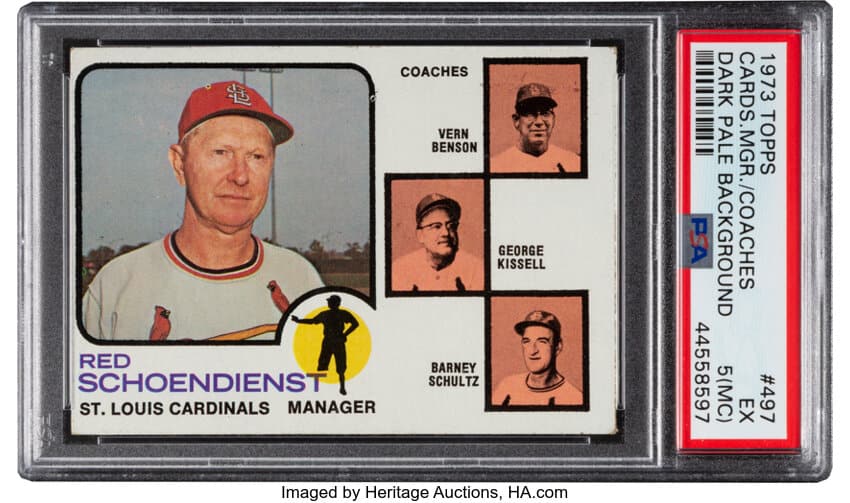 1973 Topps #497 Cardinals Manager Coaches Dark Pale Background PSA 9 MINT