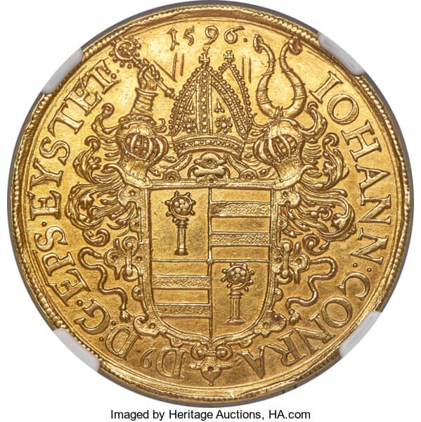 German States Eichstätt. Johann Conrad von Gemmingen, Gold 8 Ducat, 1596, NGC UNC Details