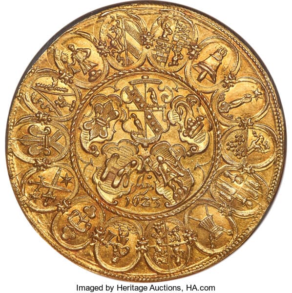 German States Memmingen. Free City, Gold Medallic 10 Ducat, 1623, NGC MS62+