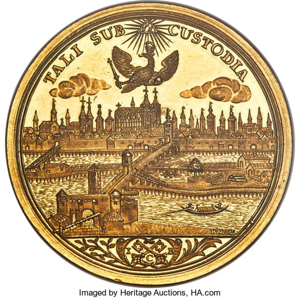 German States Regensburg. Free City, Gold Medallic 6 Ducat, ND (1745-1765), NGC MS62★ Prooflike