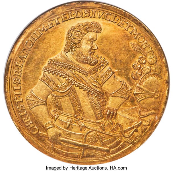 German States Saxony. Christian II, Gold Medallic Death 10 Ducat, 1611, NGC MS65★