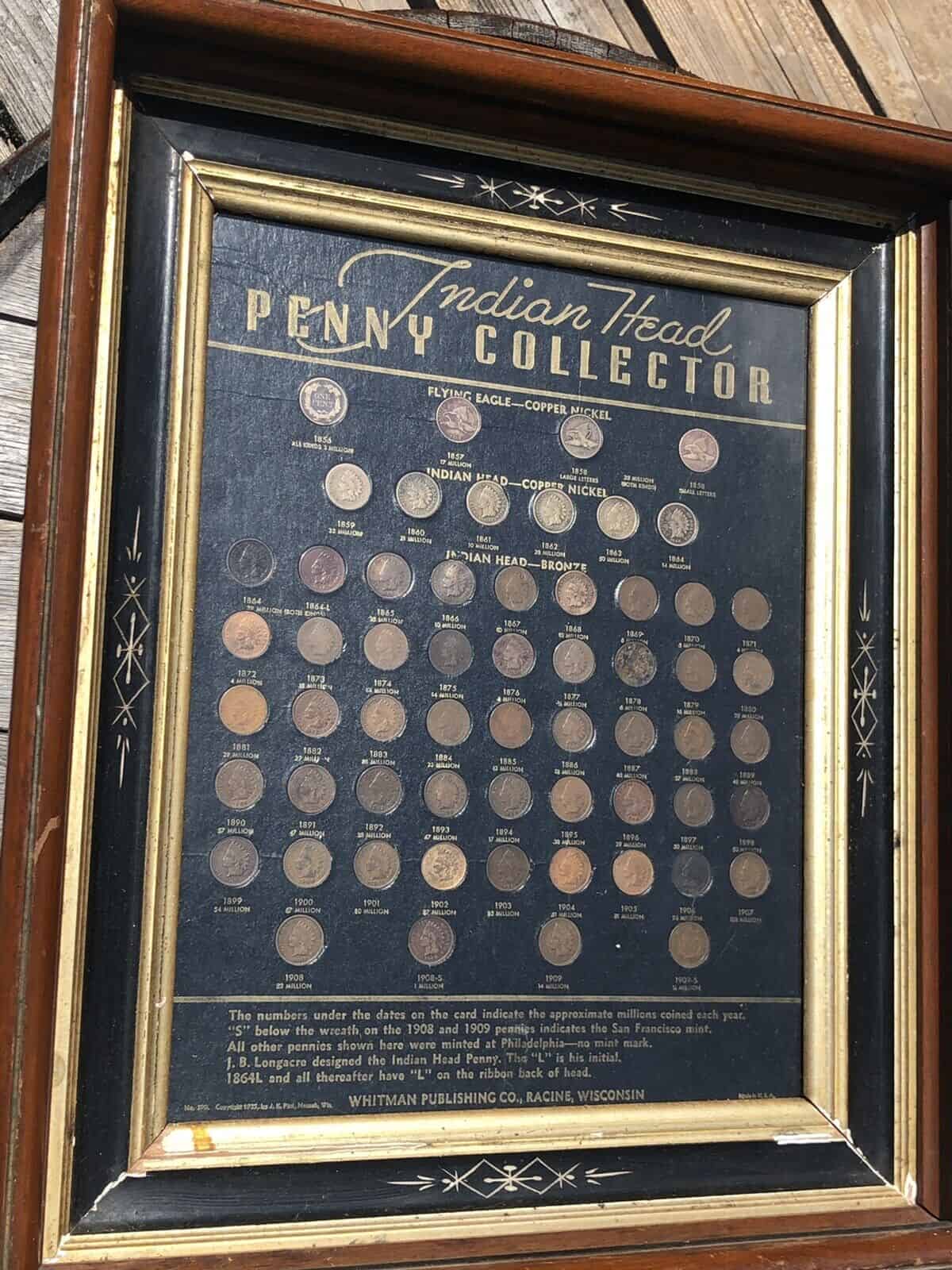 Indian Head Cent Collection 1857-1909 - Framed Antique Coin Board- 1864L AU!