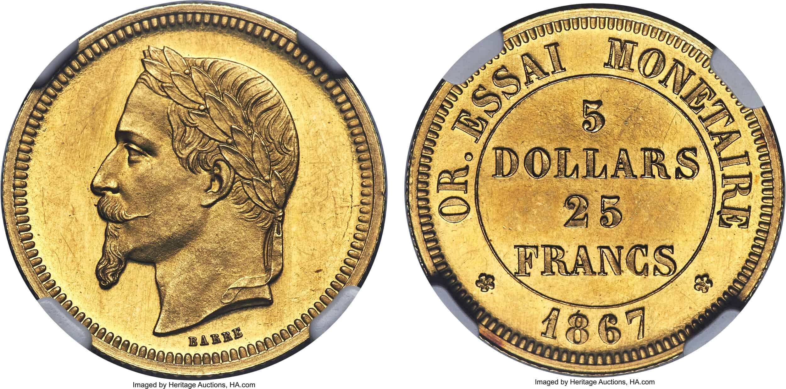 Napoleon III gold Proof Essai 25 Francs (5 Dollars), 1867, NGC PR63