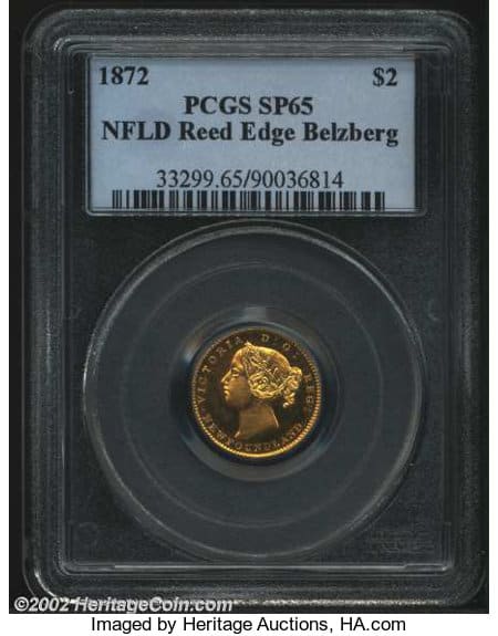 Newfoundland, Victoria Gold 2 Dollars, Reeded Edge, 1872 PCGS SP65