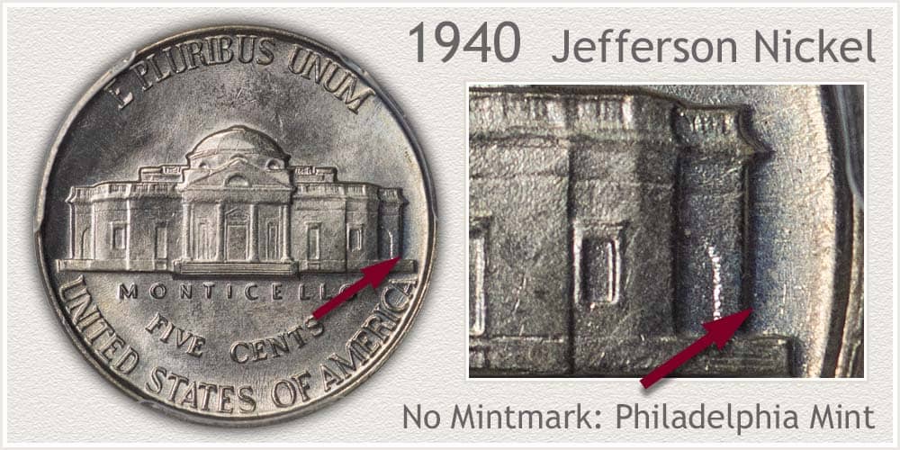1940 No Mint mark Jefferson nickel