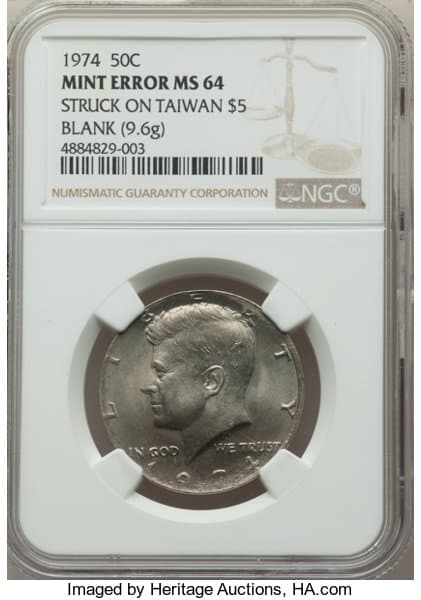 1974 Half Dollar Struck on a $5 Taiwan Planchet