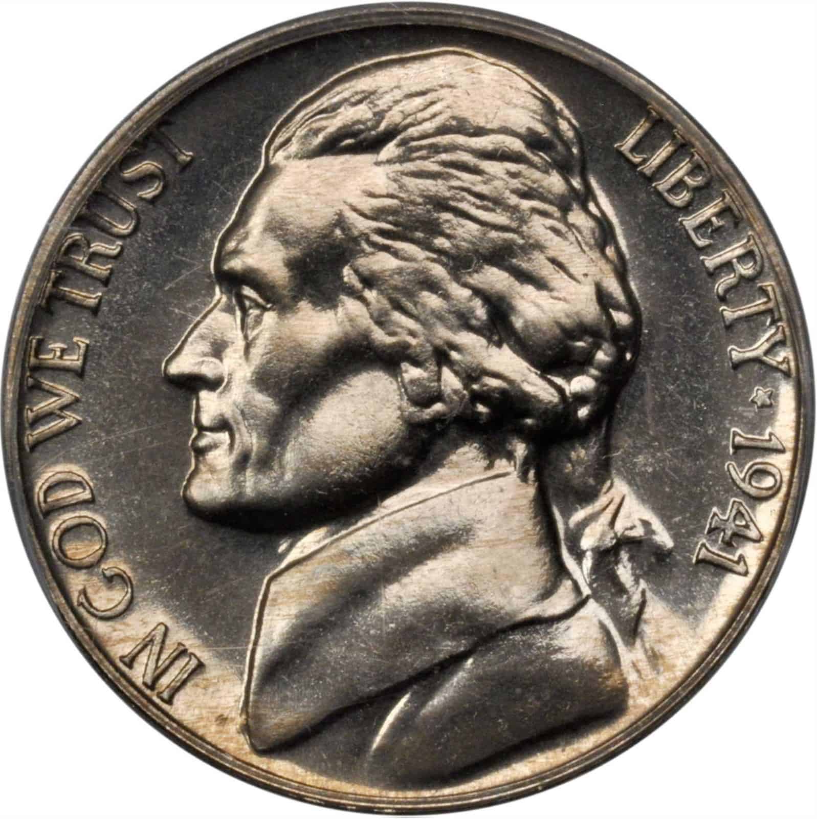 The obverse of the 1941 Jefferson nickel