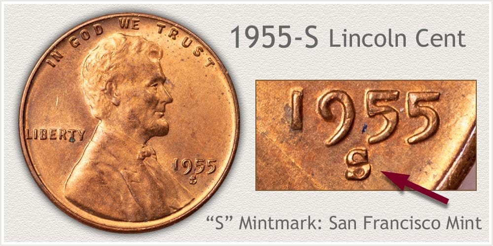 1955 S Lincoln wheat penny