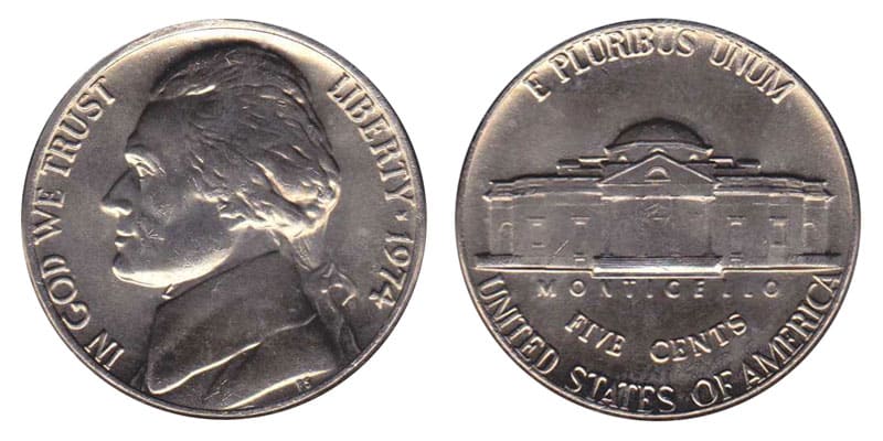 1974 No Mint mark Jefferson nickel