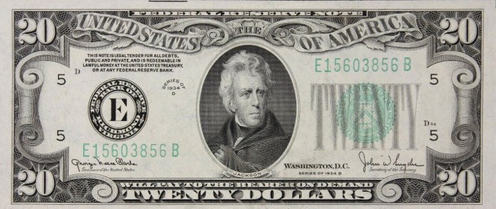 The front page of the 1934 $20 bill