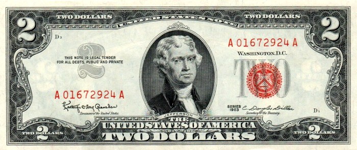 The front page of the 1963 $2 bill