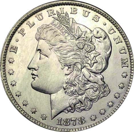 The obverse of the 1878 Morgan silver dollar