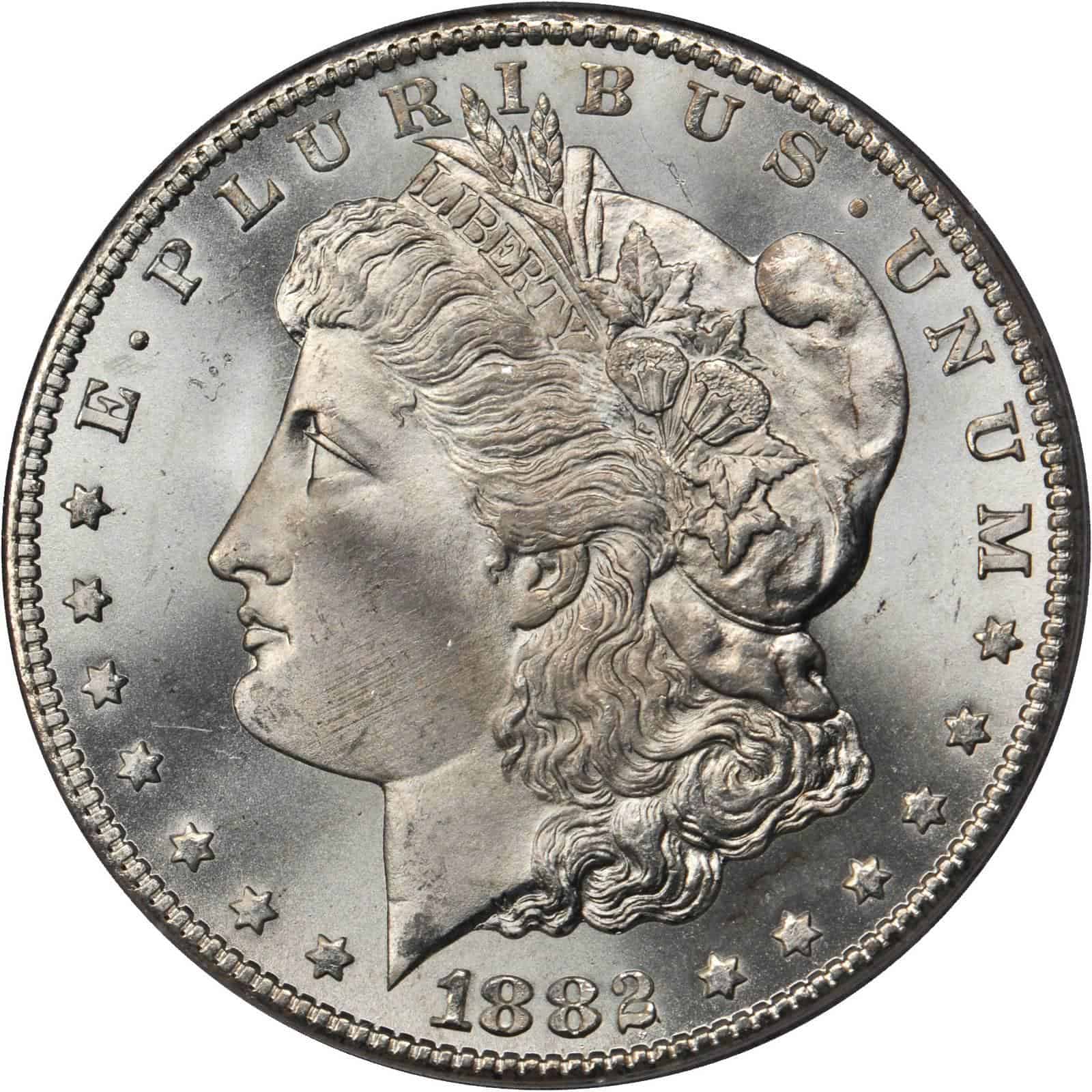 The obverse of the 1882 Morgan silver dollar