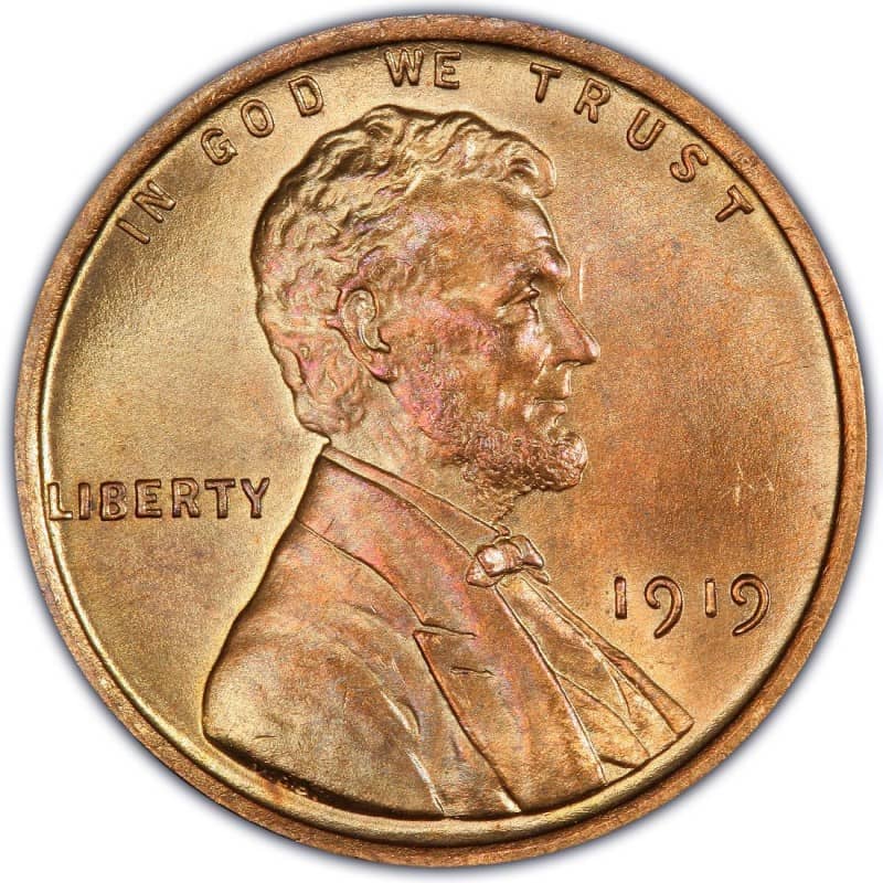 The obverse of the 1919 Lincoln wheat penny