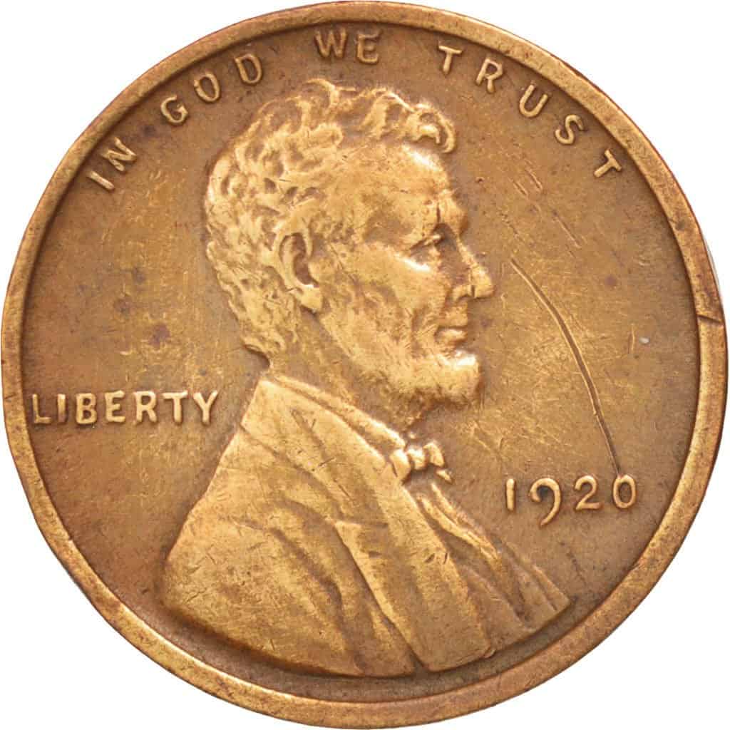 The obverse of the 1920 Lincoln wheat penny