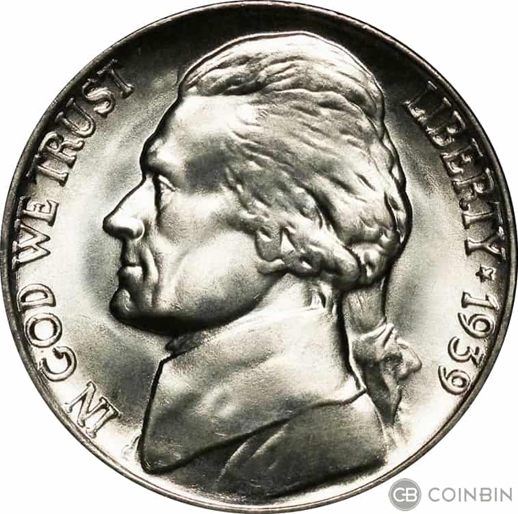 The obverse of the 1939 Jefferson nickel