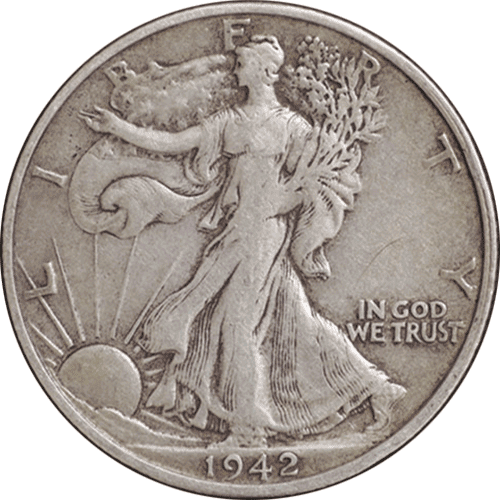The obverse of the 1942 Walking Liberty half-dollar