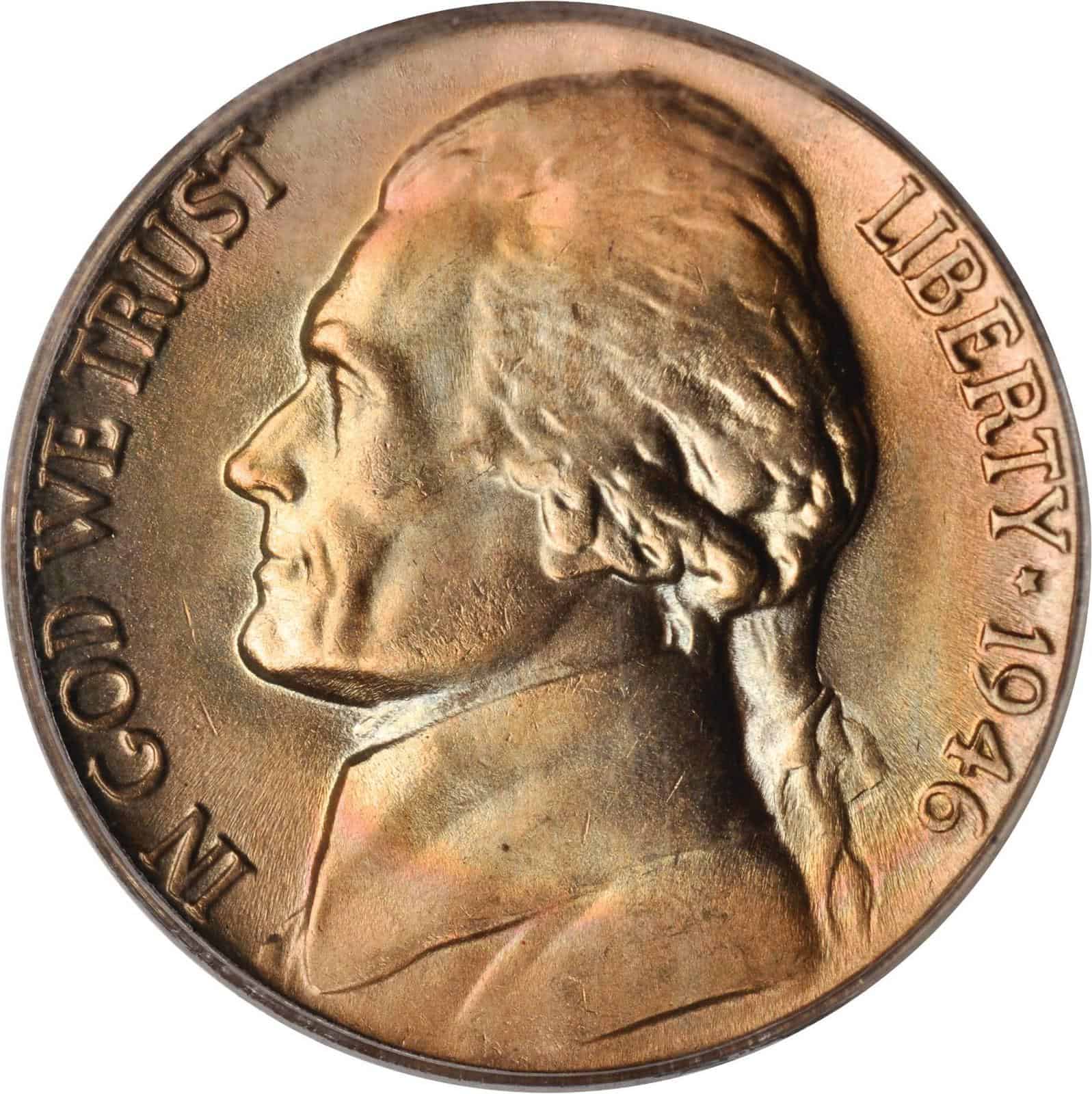The obverse of the 1946 Jefferson nickel