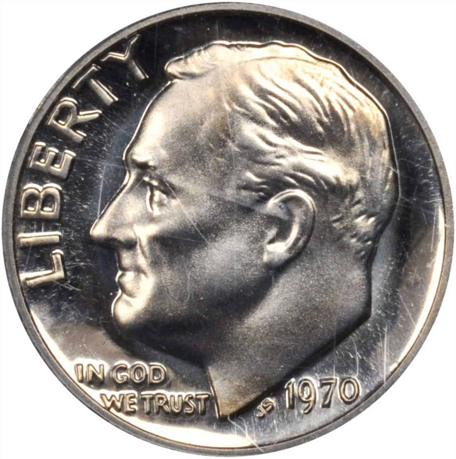 The obverse of the 1970 Roosevelt dime