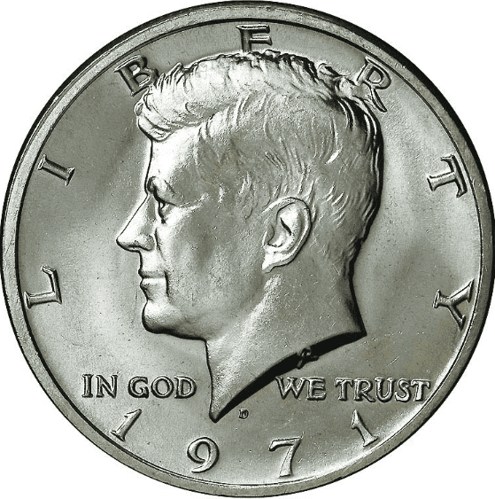 The obverse of the 1971 Kennedy half-dollar