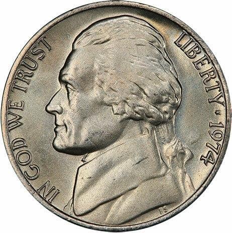 The obverse of the 1974 Jefferson nickel