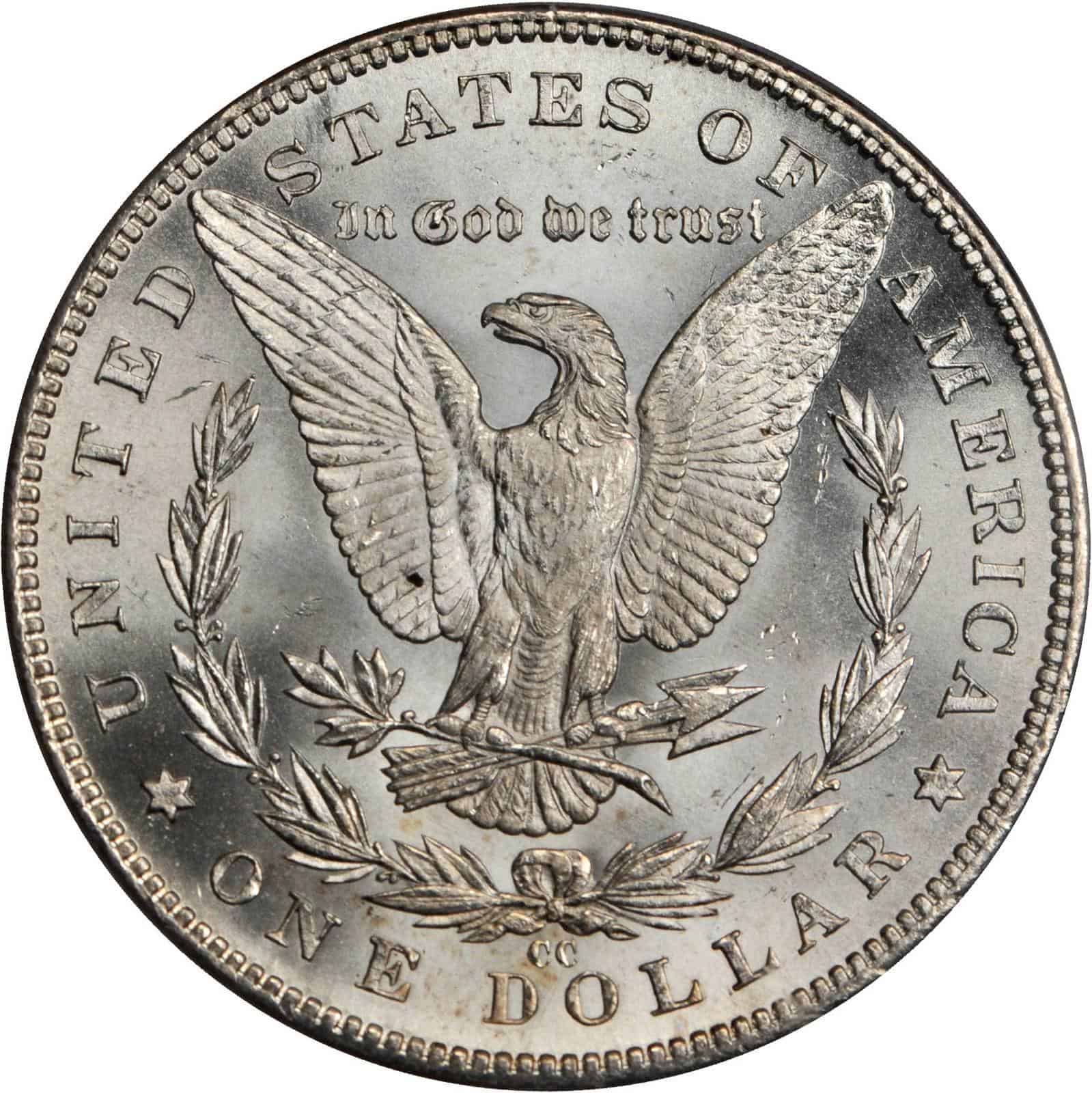 The reverse of the 1882 Morgan silver dollar