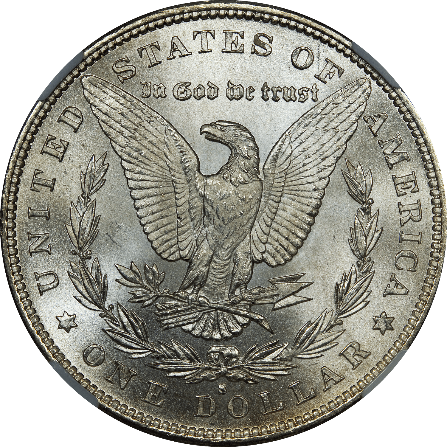 The reverse of the 1888 Morgan silver dollar