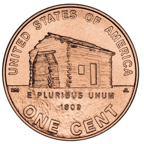 The reverse of the 2009 Lincoln penny Log Cabin