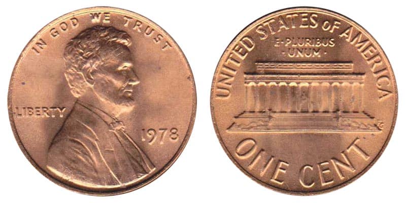 1978 No Mint mark Lincoln Memorial penny