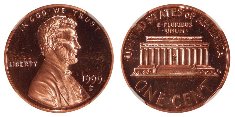The 1999 S Lincoln Memorial penny with close AM