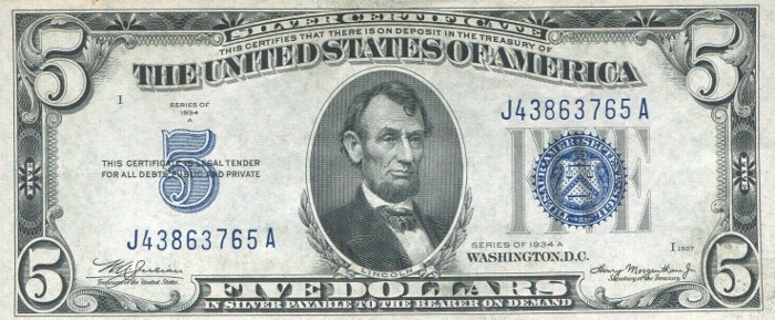 The front page of the 1934 $5 bill