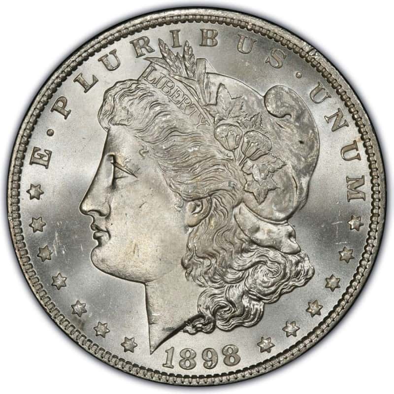 The obverse of the 1898 silver Morgan dollar