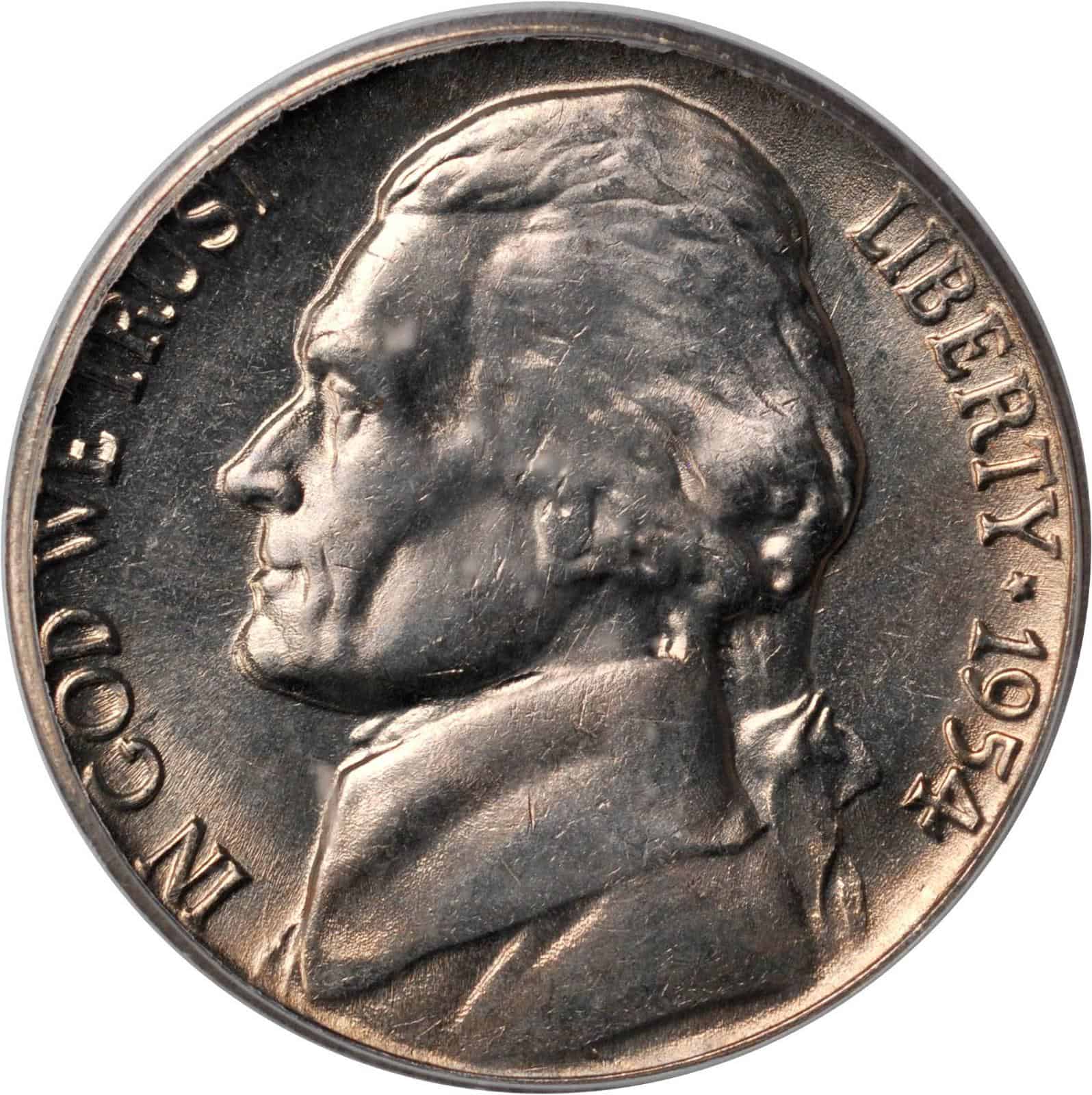 The obverse of the 1954 Jefferson nickel