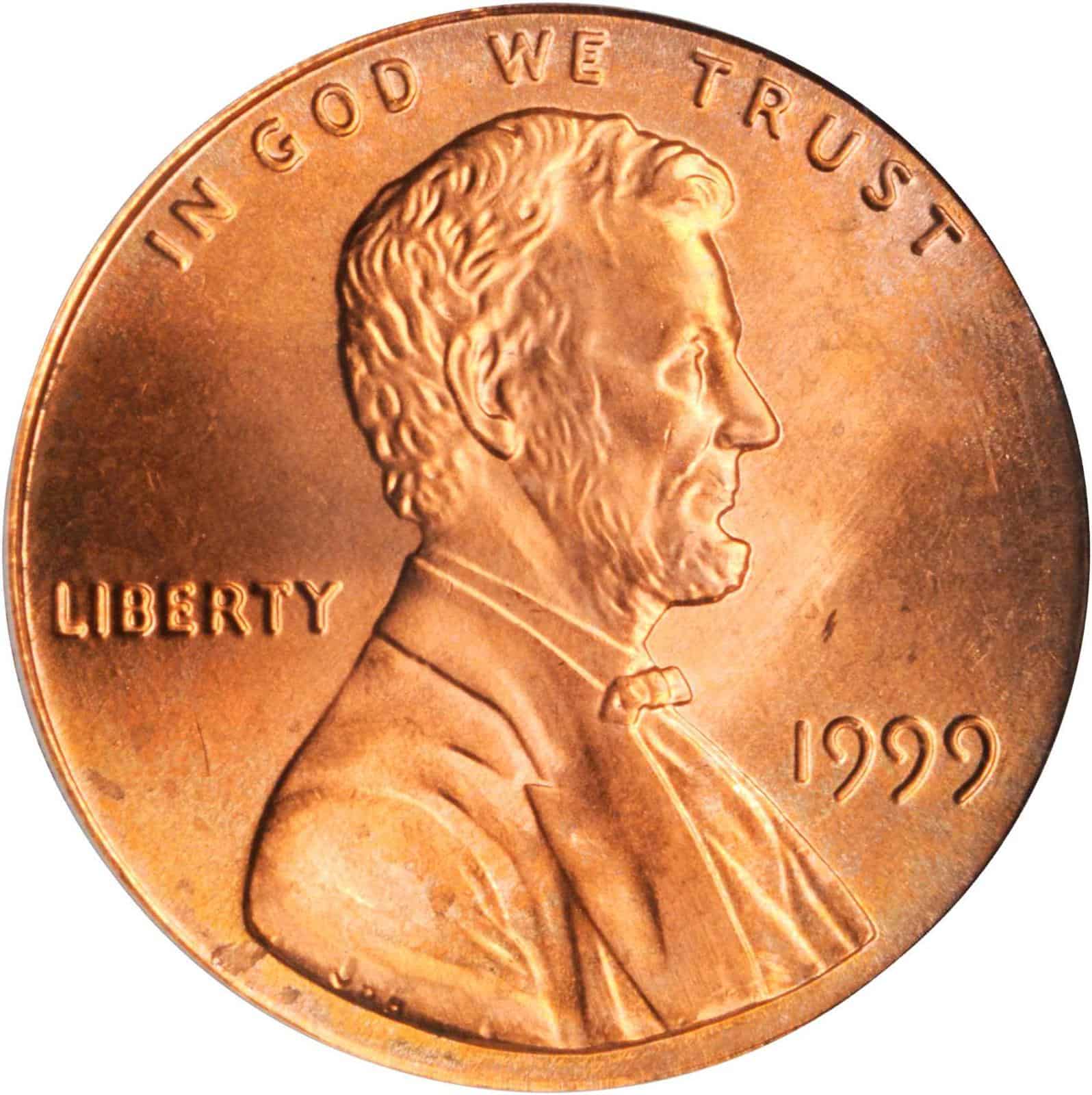 The obverse of the 1999 Lincoln Memorial penny