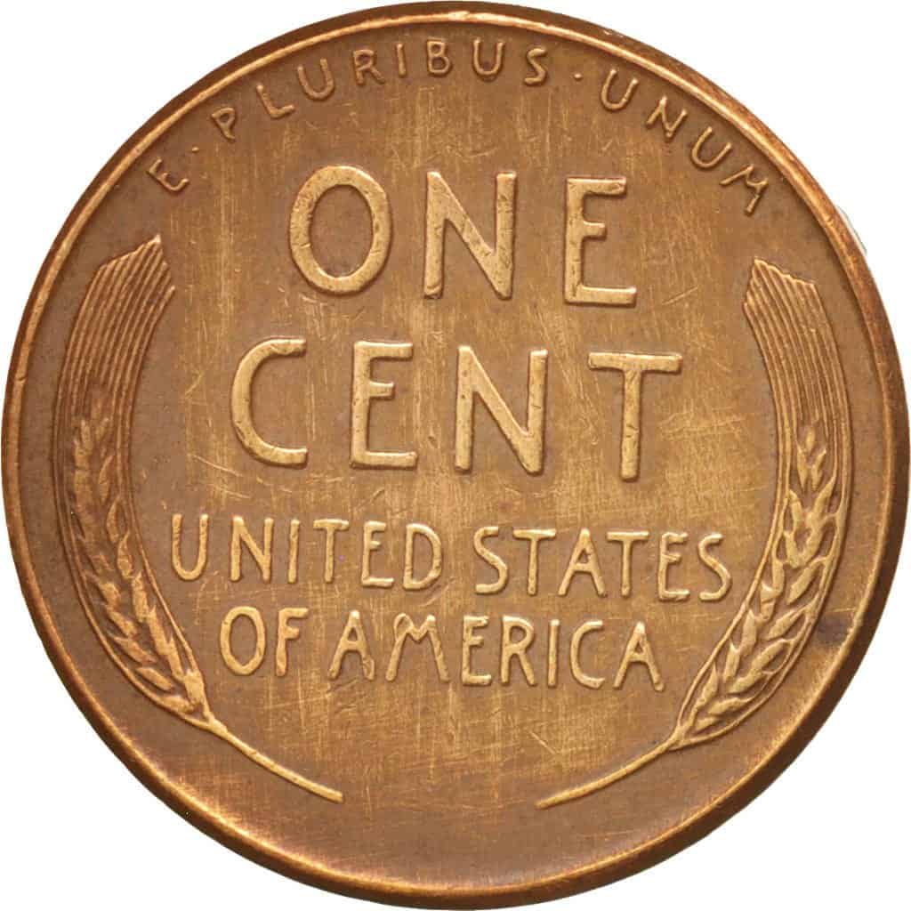 The reverse of the 1952 wheat penny