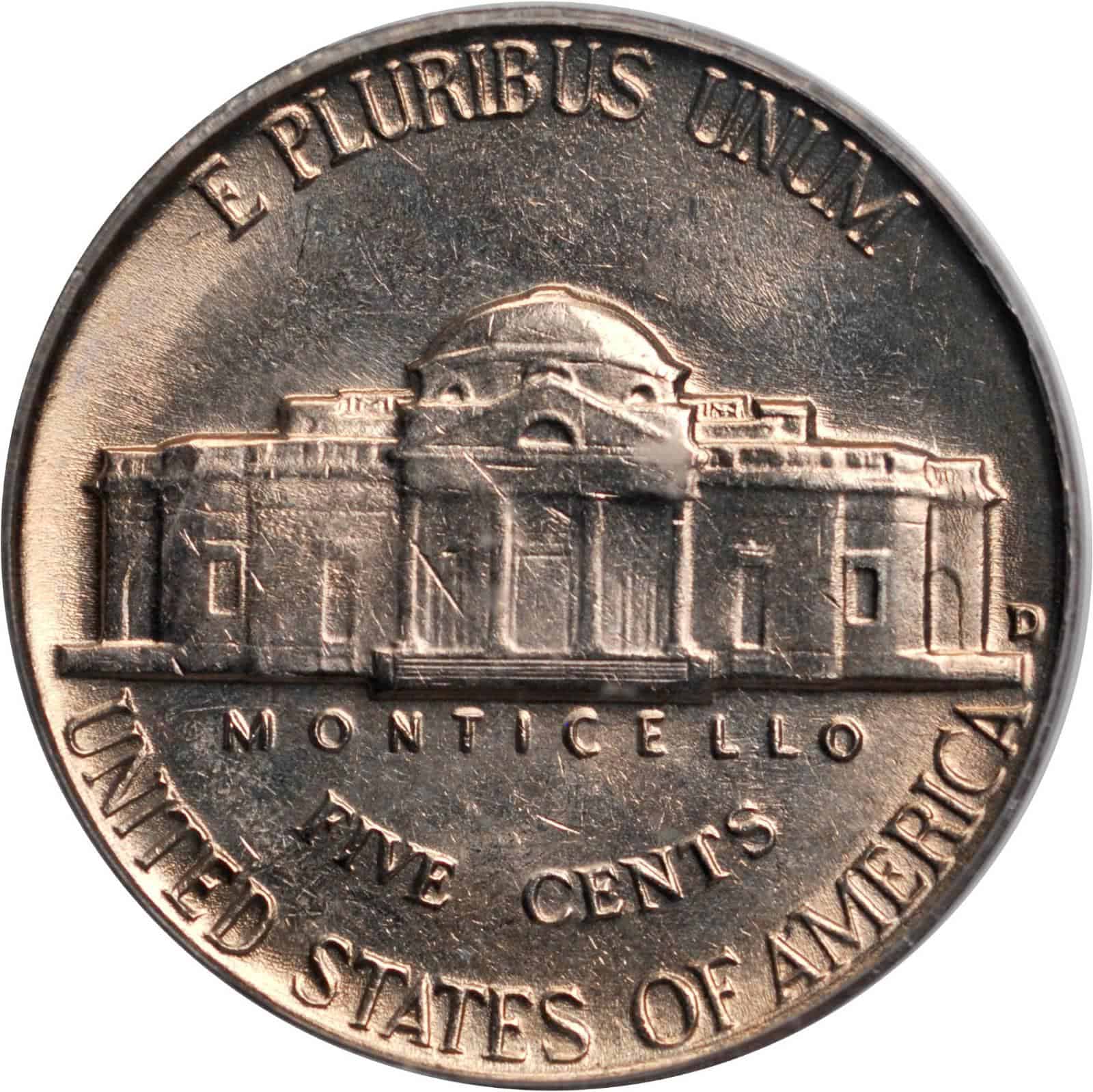 The reverse of the 1954 Jefferson nickel