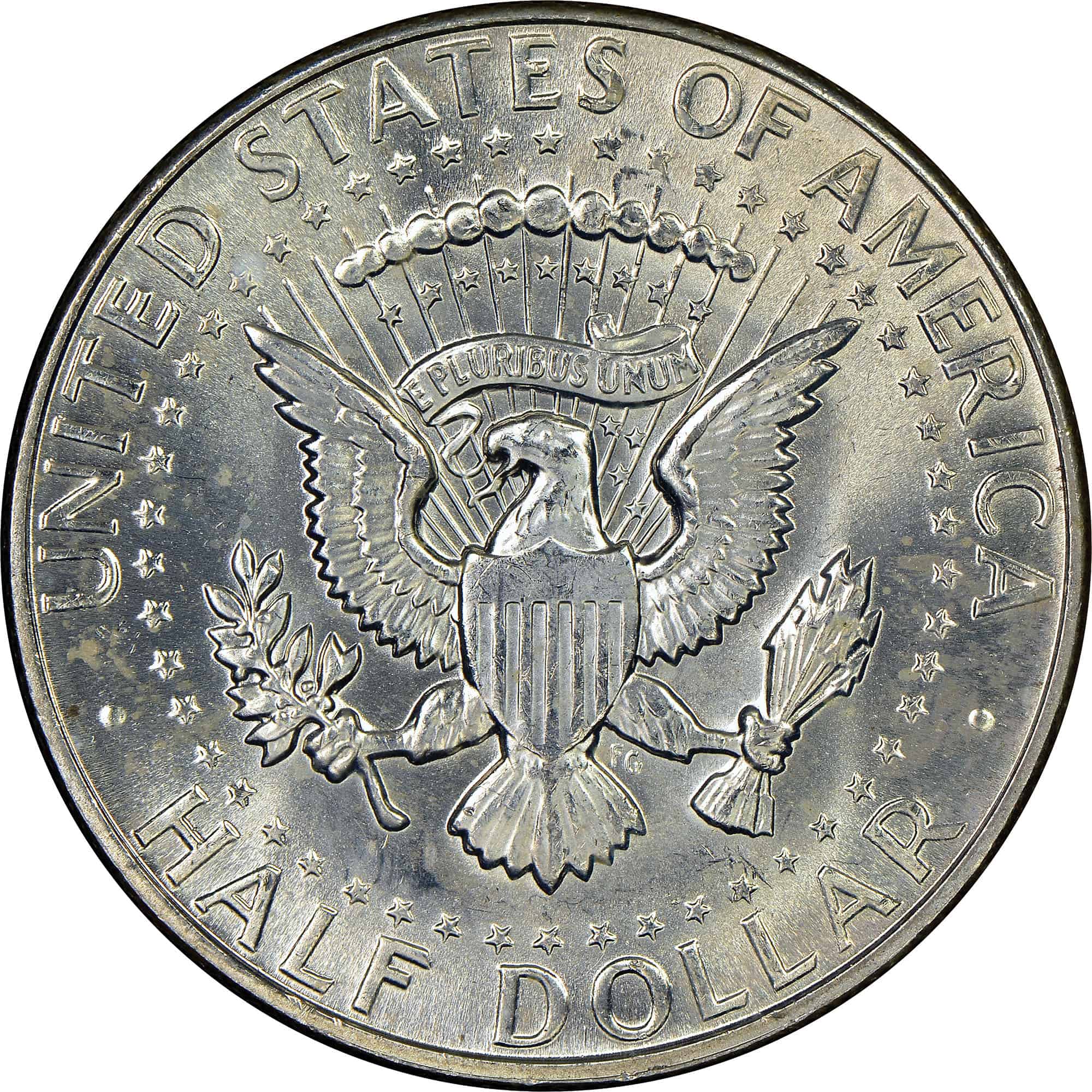 The reverse of the 1968 Kennedy half-dollar