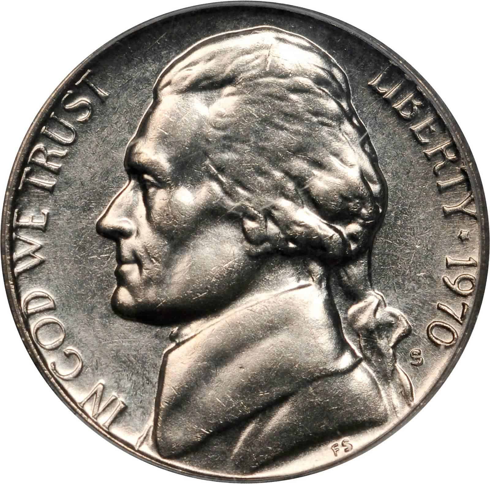 The obverse of the 1970 Jefferson nickel