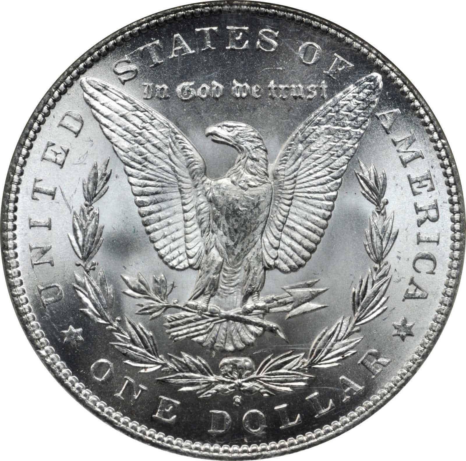 The reverse of the silver 1897 Morgan dollar