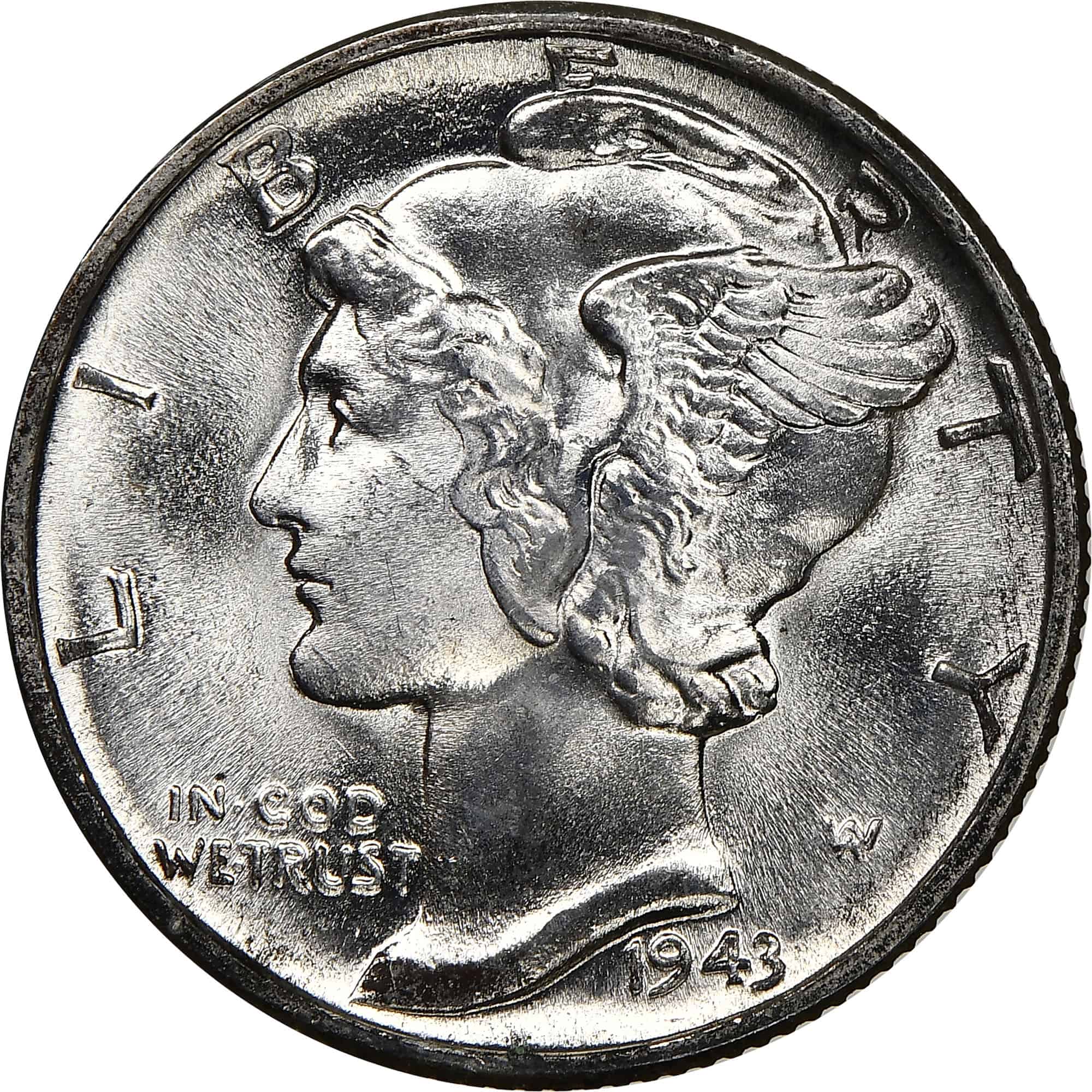 The obverse of the 1943 Mercury dime
