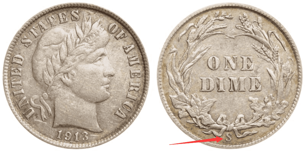 1913 S Barber dime Value