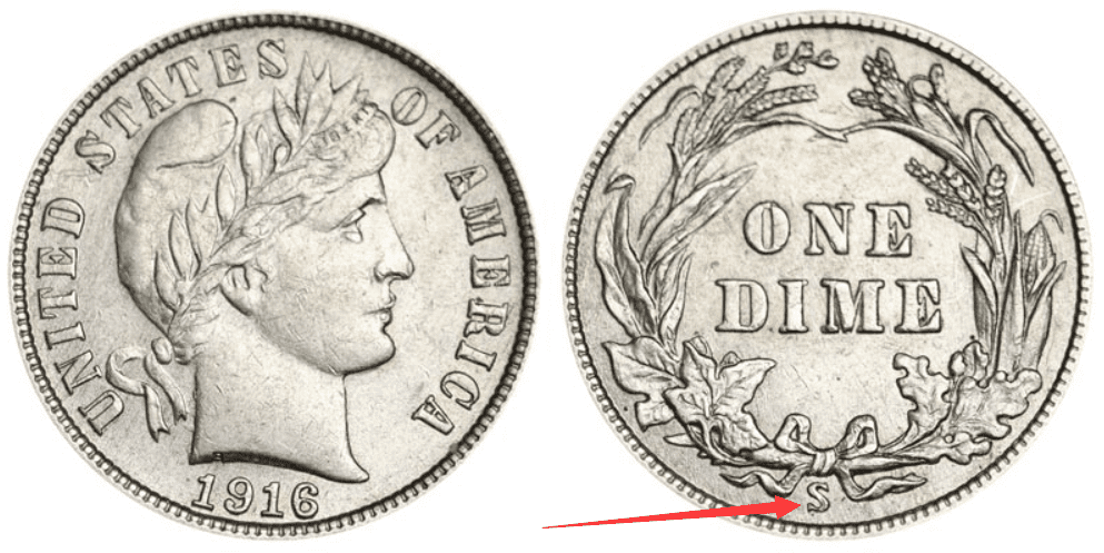 1916 S Barber dime Value