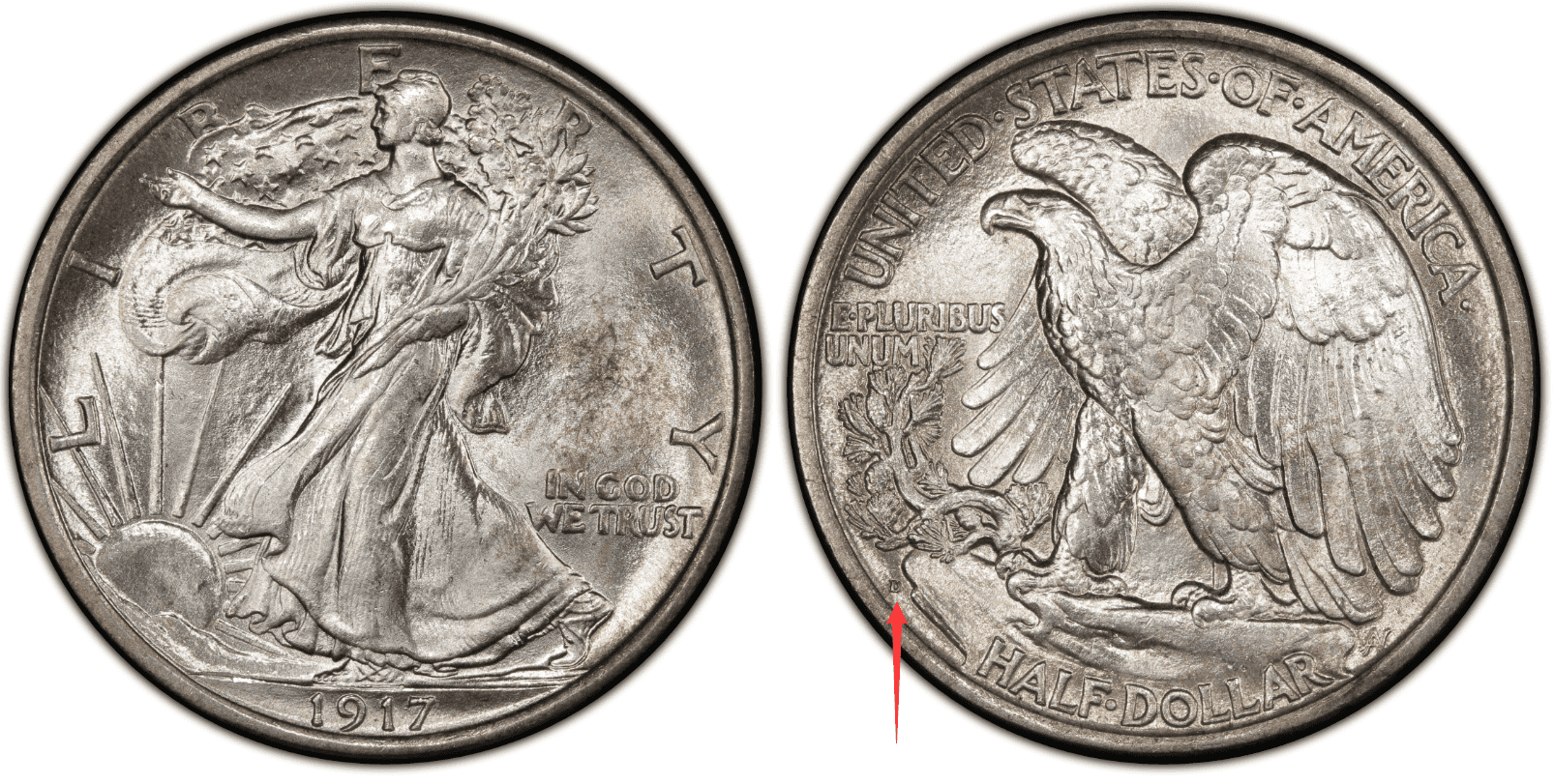 1917 D half-dollar, mint mark on the reverse