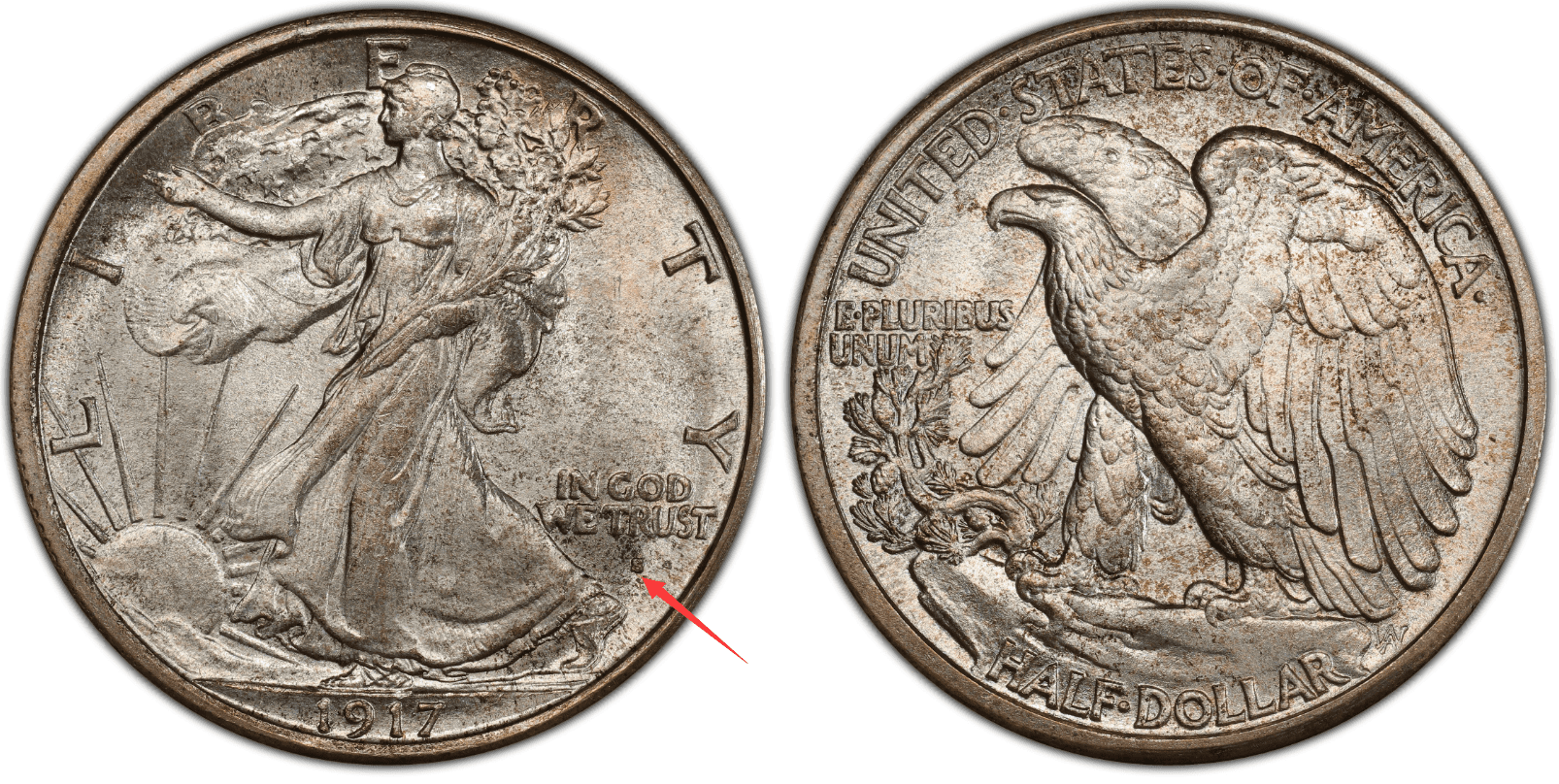 1917 S half-dollar, mint mark on the obverse