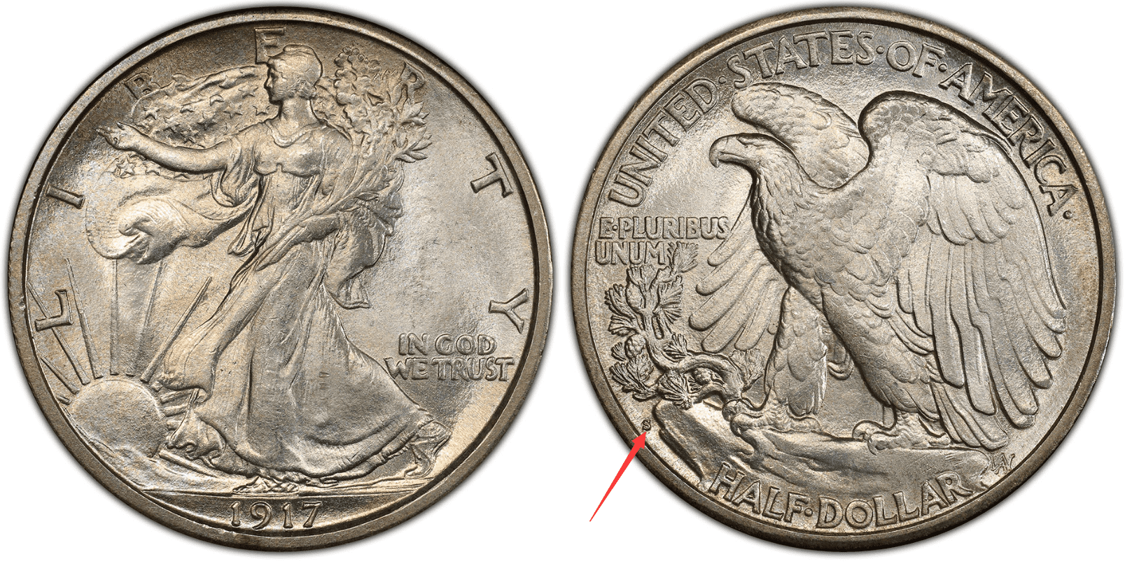 1917 S half-dollar, mint mark on the reverse