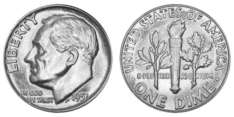 1951 No Mint mark Roosevelt dime Value