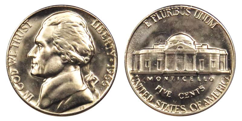 1966 No Mint mark Jefferson nickel Value