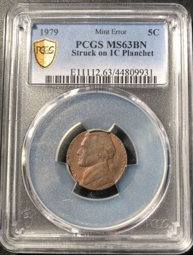 1979 Jefferson nickel struck on a penny planchet