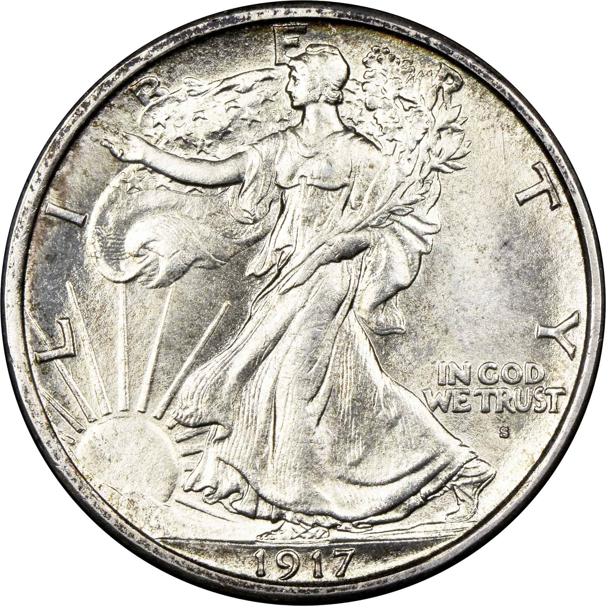 The obverse of the 1917 Walking Liberty half-dollar