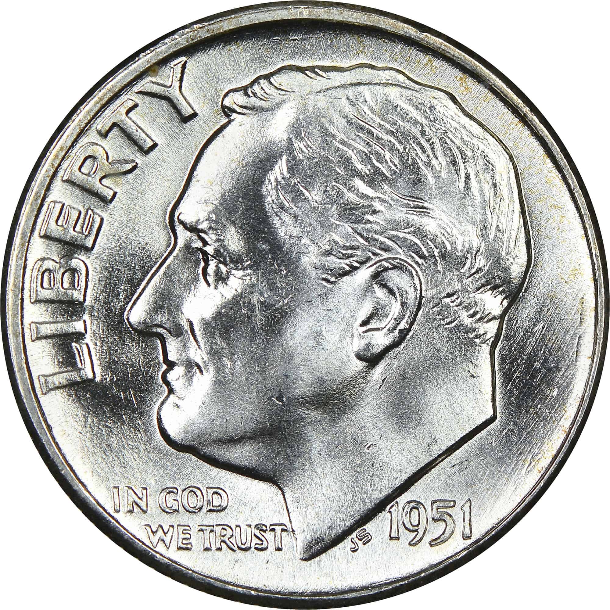 The obverse of the 1951 Roosevelt dime